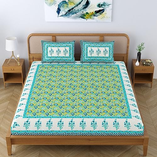 Colorish Cotton Blend Traditional Jaipuri Floral Printed Premium Bedsheet for Double Bed King Size with 2 Pillow Covers - Light Blue | Proudly Made in India - Image 5