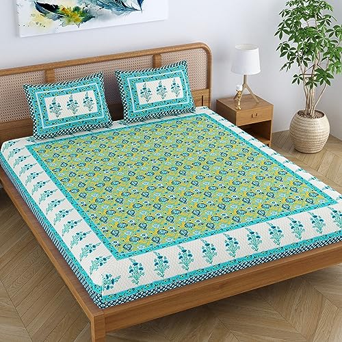 Colorish Cotton Blend Traditional Jaipuri Floral Printed Premium Bedsheet for Double Bed King Size with 2 Pillow Covers - Light Blue | Proudly Made in India - Image 1