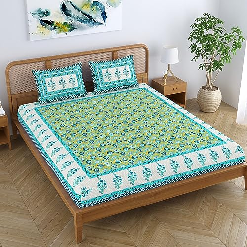 Colorish Cotton Blend Traditional Jaipuri Floral Printed Premium Bedsheet for Double Bed King Size with 2 Pillow Covers - Light Blue | Proudly Made in India - Image 4