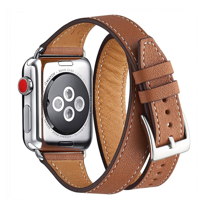 Bestig Compatible with Apple Watch Band 38mm 40mm 41mm or 42/44/45/49mm for Women Men, Genuine Leather Double Tour Designed Slim Strap for iWatch SE Series 9 8 7 6 5 4 3 2 1 (Brown+Silver) - Image 1