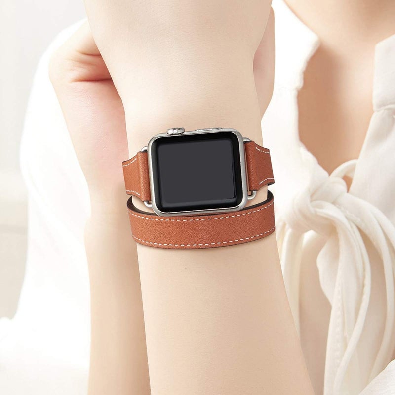 Bestig Compatible with Apple Watch Band 38mm 40mm 41mm or 42/44/45/49mm for Women Men, Genuine Leather Double Tour Designed Slim Strap for iWatch SE Series 9 8 7 6 5 4 3 2 1 (Brown+Silver) - Image 5