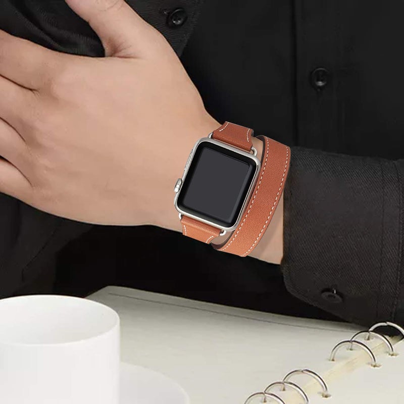 Bestig Compatible with Apple Watch Band 38mm 40mm 41mm or 42/44/45/49mm for Women Men, Genuine Leather Double Tour Designed Slim Strap for iWatch SE Series 9 8 7 6 5 4 3 2 1 (Brown+Silver) - Image 4