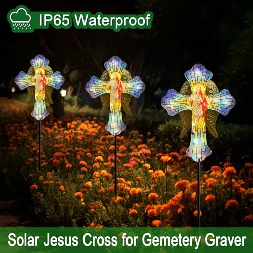 Hokfirm Solar Jesus Cross for Gemetery Graver,Golden Angel Wings,Grave Decorations for Cemetery,Sympathy Memorial Gifts,Christmas Yard Decor Outdoor - Image 4