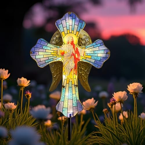 Hokfirm Solar Jesus Cross for Gemetery Graver,Golden Angel Wings,Grave Decorations for Cemetery,Sympathy Memorial Gifts,Christmas Yard Decor Outdoor - Image 1