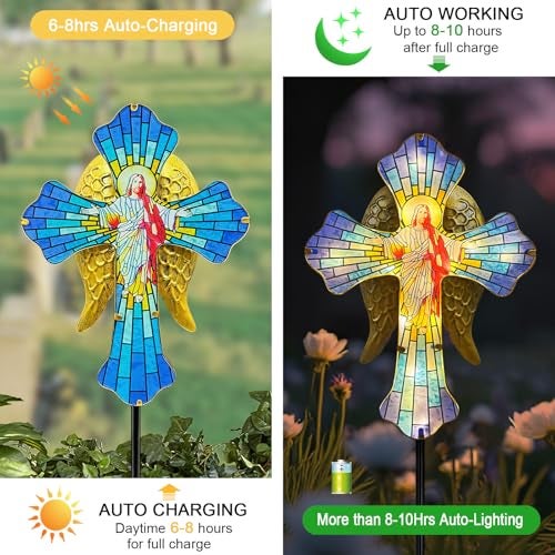 Hokfirm Solar Jesus Cross for Gemetery Graver,Golden Angel Wings,Grave Decorations for Cemetery,Sympathy Memorial Gifts,Christmas Yard Decor Outdoor - Image 3