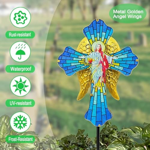 Hokfirm Solar Jesus Cross for Gemetery Graver,Golden Angel Wings,Grave Decorations for Cemetery,Sympathy Memorial Gifts,Christmas Yard Decor Outdoor - Image 2