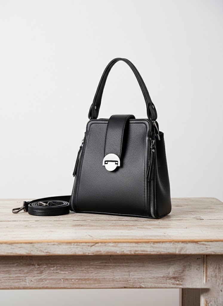 Elegant Black Women's Handbag with Detachable Shoulder Strap - Image 2