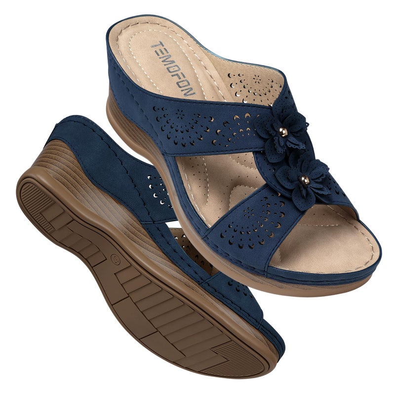 TEMOFON Womens Wedge Sandals Leather: Low Heels Platform Women Summer Wedge Sandals Navy Dressy Slip on Casual Comfortable Walking Size 9 - Image 1