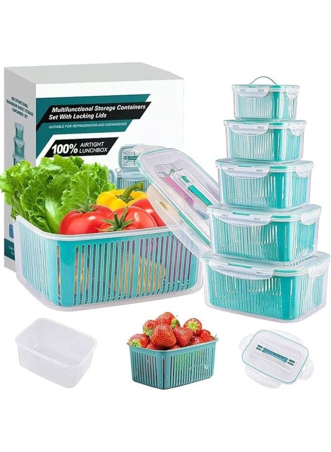 مجموعة من 5- صندوق تخزين استنزاف مزدوج الطبقات وثلاجة مطبخ وسلة تخزين خضروات وفواكه - Image 1