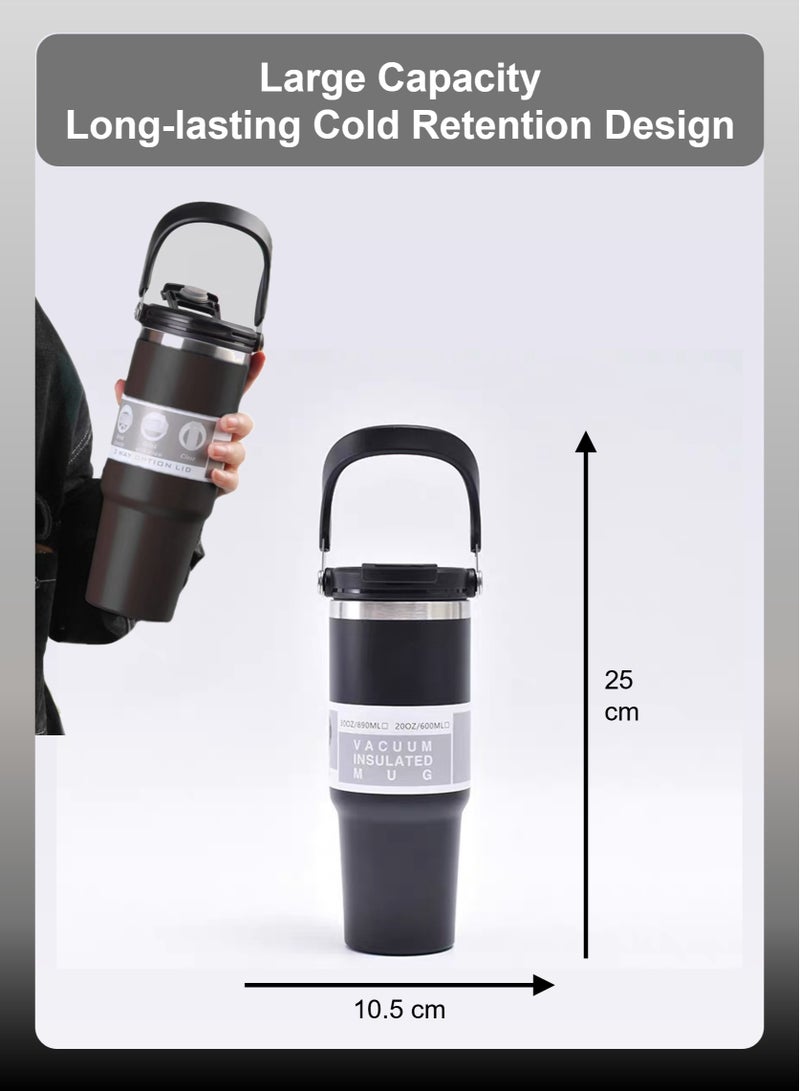 YooA 30 oz Stainless Steel Vacuum Bottle with Dual Spout | Car Cup & Handle, Shatter-Resistant, Cold Retention, Food-Grade, School/Office/Fitness/Outdoors, Gift, (10.5*25cm, Black) - Image 2