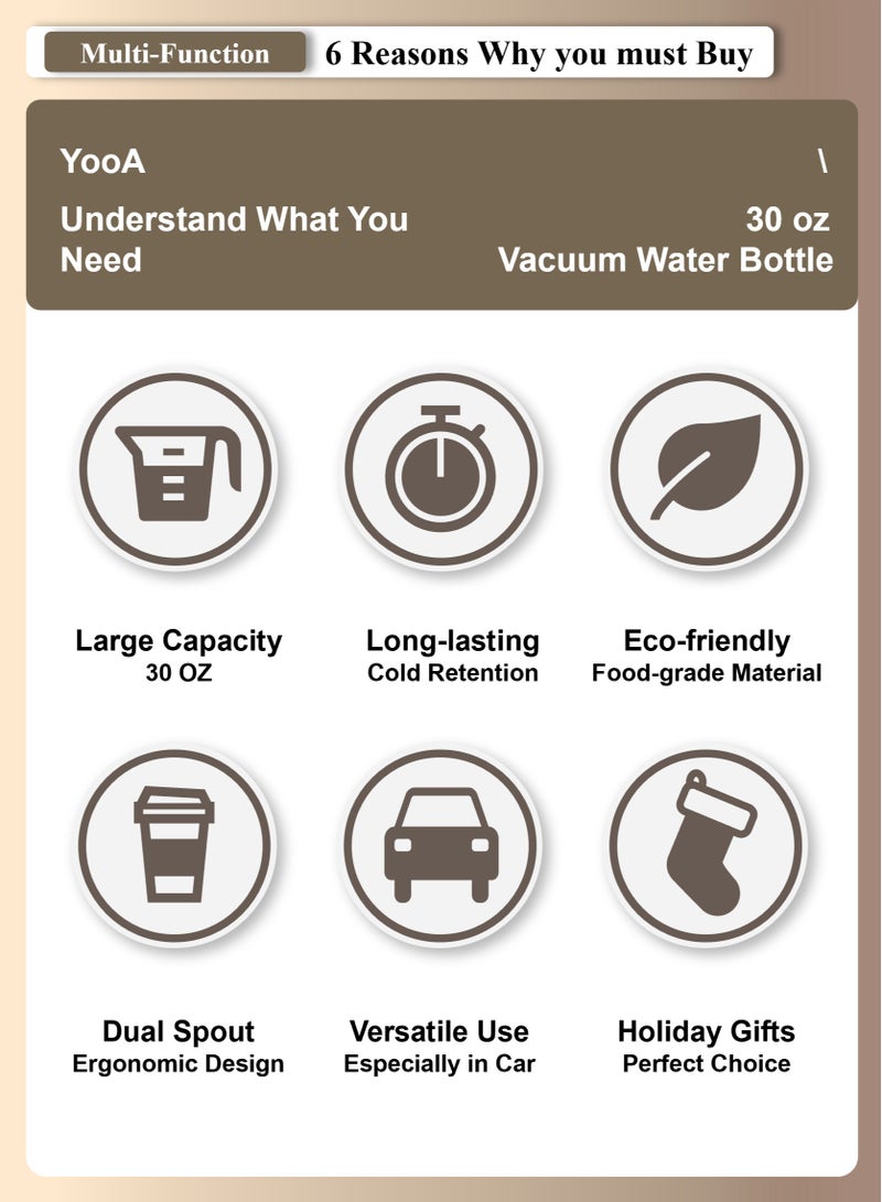 YooA 30 oz Stainless Steel Vacuum Bottle with Dual Spout | Car Cup & Handle, Shatter-Resistant, Cold Retention, Food-Grade, School/Office/Fitness/Outdoors, Gift, (10.5*25cm, Black) - Image 5