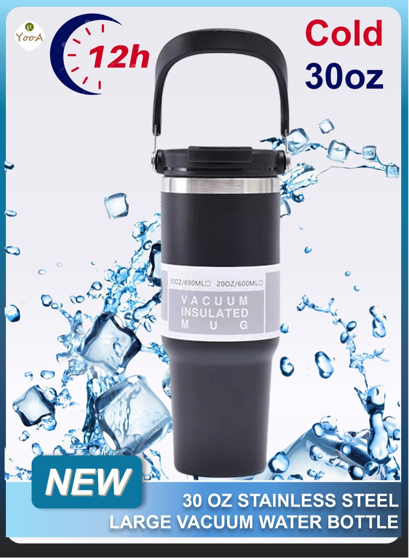 YooA 30 oz Stainless Steel Vacuum Bottle with Dual Spout | Car Cup & Handle, Shatter-Resistant, Cold Retention, Food-Grade, School/Office/Fitness/Outdoors, Gift, (10.5*25cm, Black) - Image 1