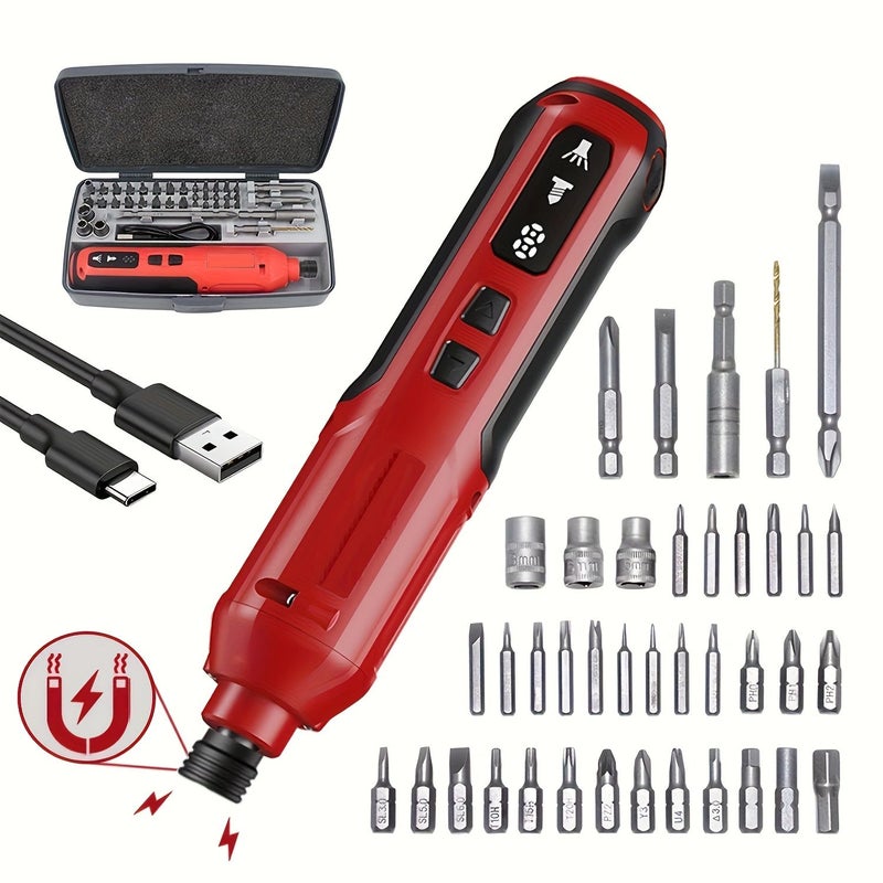 A Set Of 1 Mini Electric Screwdriver 68 Bits Rechargeable 2000MAh 3 7V Red For Home Disassembly And Repair Tasks - Image 1