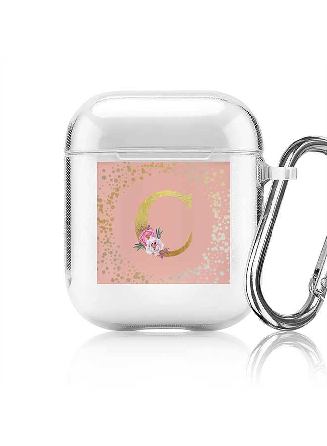 Stylizedd Classic Clear printed Case for Apple Airpods 2 / 1 Soft TPU Gel Thin Transparent Flexible Cover - Custom Monogram Initial Letter Floral Pattern Alphabet - C (Rose Pink ) - Image 1