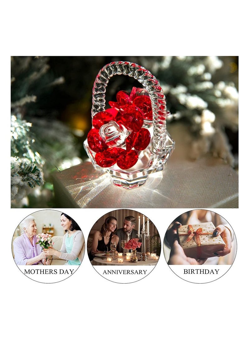 Crystal Red Rose Flower Basket Figurines Ornaments for Home Decor or Table Centerpiece