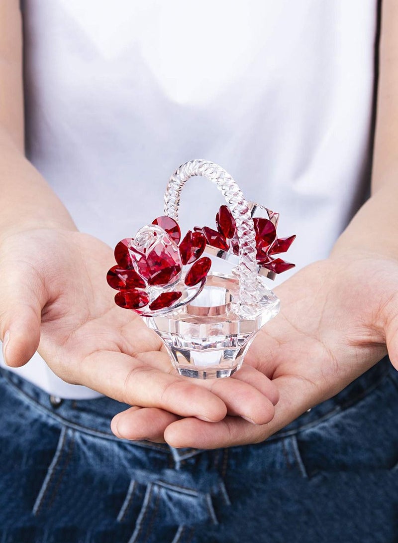 Crystal Red Rose Flower Basket Figurines Ornaments for Home Decor or Table Centerpiece