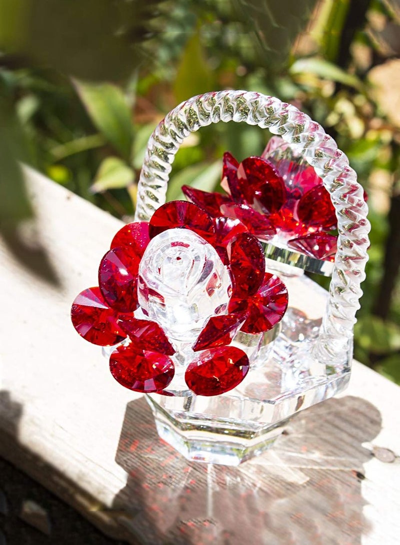 Crystal Red Rose Flower Basket Figurines Ornaments for Home Decor or Table Centerpiece