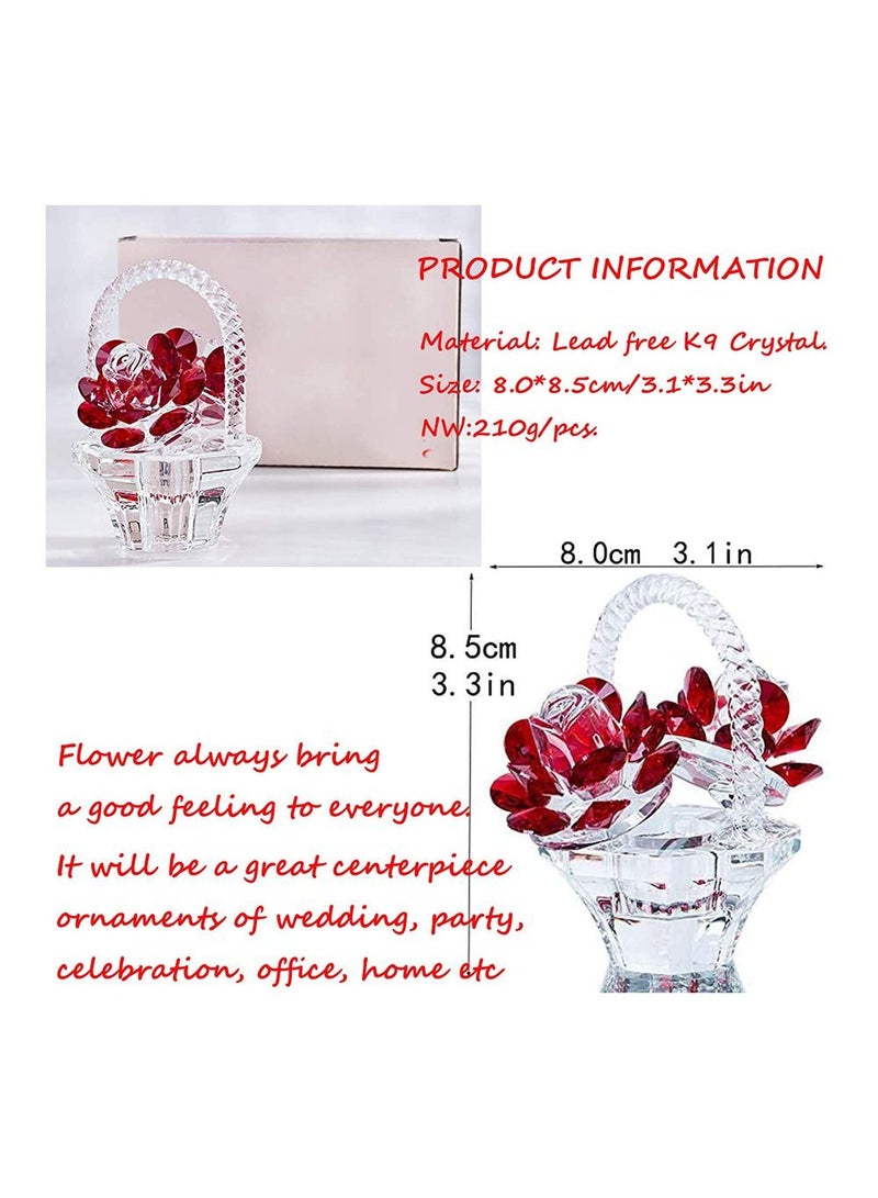 Crystal Red Rose Flower Basket Figurines Ornaments for Home Decor or Table Centerpiece