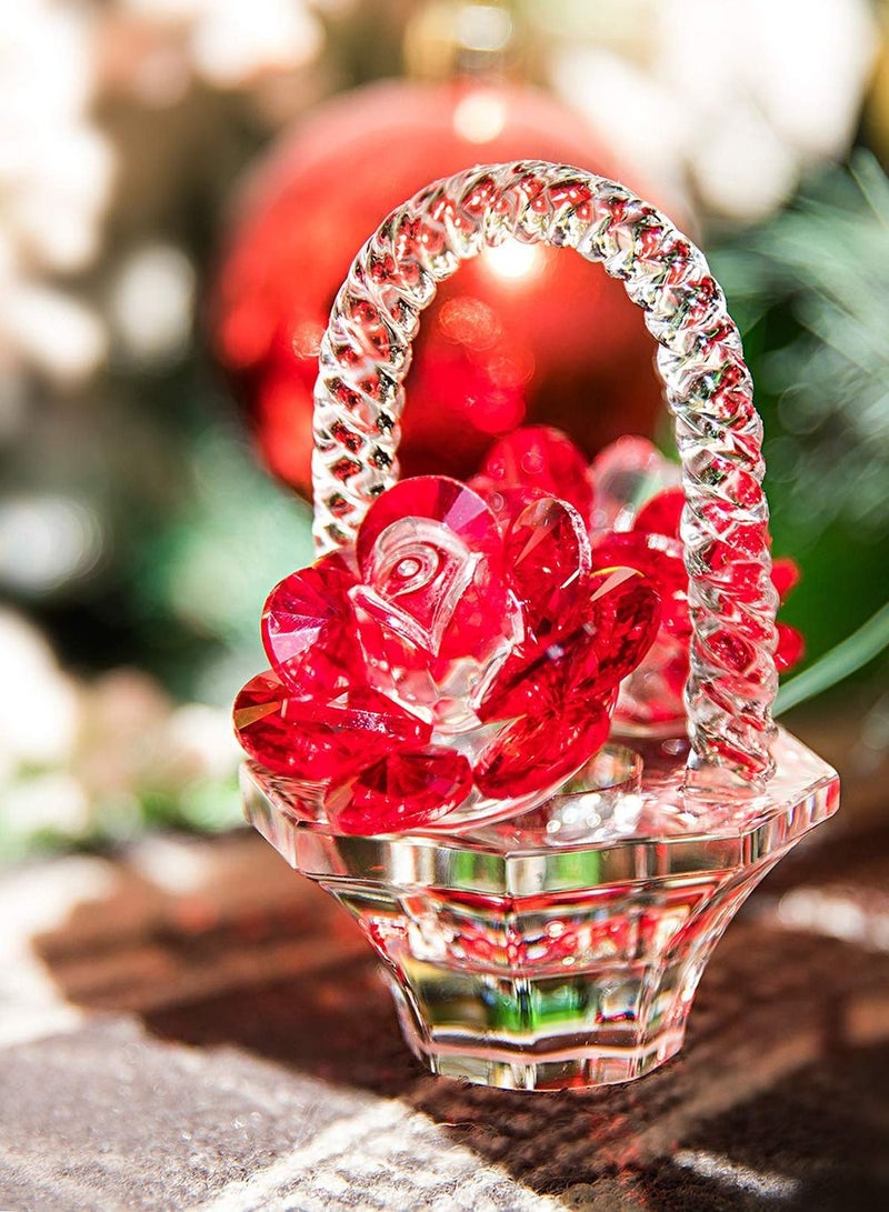 Crystal Red Rose Flower Basket Figurines Ornaments for Home Decor or Table Centerpiece
