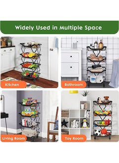Arabest 4-Tier Fruit Basket Cart with Wheels, Metal Wire Fruit Vegetable Storage Basket Organizer for Kitchen, No Installation Required and Foldable Utility storage shelf Cart for Pantry,Bathroom (Black)  - Image 2
