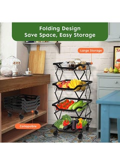 Arabest 4-Tier Fruit Basket Cart with Wheels, Metal Wire Fruit Vegetable Storage Basket Organizer for Kitchen, No Installation Required and Foldable Utility storage shelf Cart for Pantry,Bathroom (Black)  - Image 3