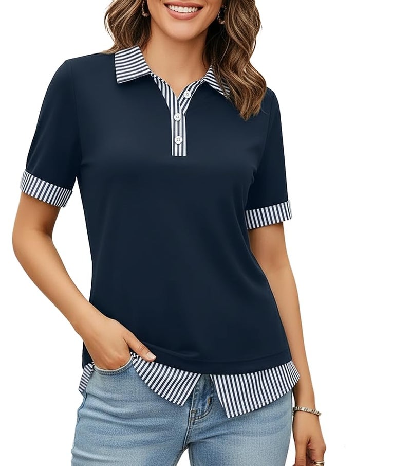 Disamer Womens Summer Tops Spring Fashion 2026 Short Sleeve Shirts Patchwork Button V Neck Tunic Tops Casual Work Blouses,Striped Navy,Large - Image 1