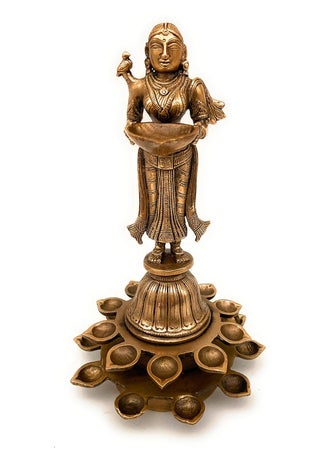 Bhunes Bhunes Brass Lamps Brass Deep Laxmi Deep Lakshmi Lady with Holding Diya Brass Lamp Brass Diyas for Pooja Diya Oil LampGold 11 Inch 1 Piece 