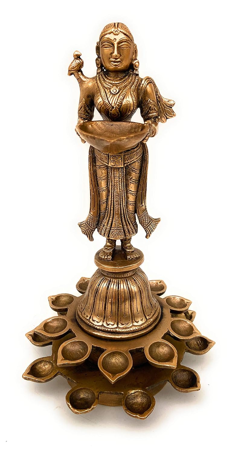 Bhunes Bhunes Brass Lamps Brass Deep Laxmi Deep Lakshmi Lady with Holding Diya Brass Lamp Brass Diyas for Pooja Diya Oil LampGold 11 Inch 1 Piece 