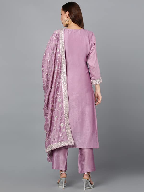 Vaamsi Women's Silk Blend Solid Embroidered Straight Kurta Pant with Dupatta With Cotton Inner (PKSKD1898_3XL_Lavender) - Image 2