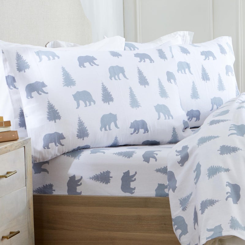 Market  Place 100 Turkish Cotton Flannel Sheet Set  4 Piece Deep Pocket Novelty Cozy Winter Bed Sheets  Double Brushed for Extra Softness  Comfort  Alpine Collection Queen Grey Bears