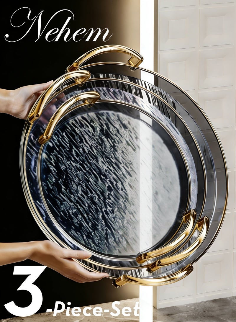 نيم صحون تقديم 3 قطعة صينية تموج فاخرة للضيافة - صينية تقديم كبيرة متعددة الاستخدام مع ومقابض معدنية | هدايا للضيافة المنزلية وحفلات القهوة والمكسرات والفواكه - Image 1