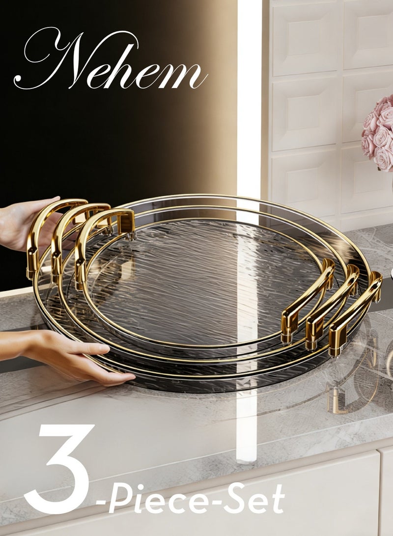nehem 3 PCS Clear Serving Tray, With Polished Metal Handles, Serving Plate, Wavy Pattern Clear Tray, Spill-Proof Tray, Decorative Serving Tray for Coffee Table, Tea, Storage - Image 1