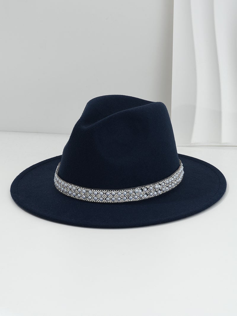 Men'S And Women'S French Felt Topper Hat Wide Accessories Blue Pearl Gem Rhinestone Belt Retro Jazz Hat Bridesmaid Wedding - Image 1