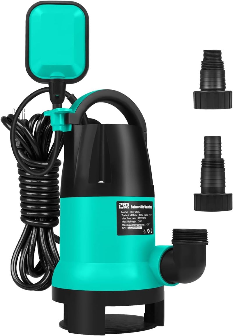 Prostormer Sump Pump, 1HP 3700GPH Submersible Clean/Dirty Water Pump with Automatic Float Switch for Pool, Pond,Garden, Flooded Cellar, Aquarium and Irrigation(Green) - Image 1