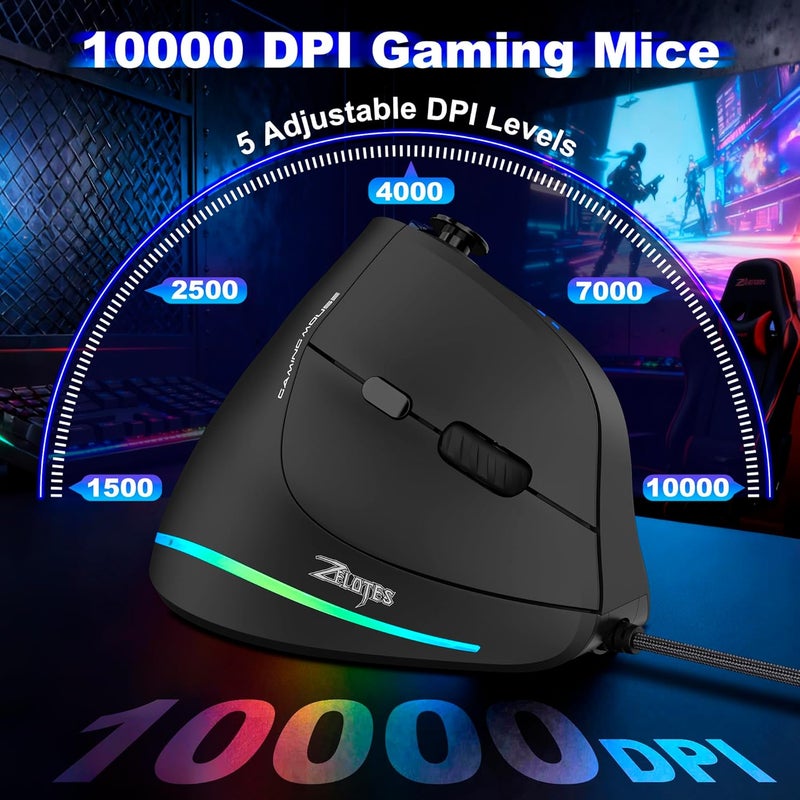 TRELC Gaming Mouse with 5 D Rocker, Ergonomic Mouse with 10000 DPI/11 Programmable Buttons, RGB Vertical Gaming Mice Wired for PC/Laptop/E-Sports/Gamer (Black) - Image 2
