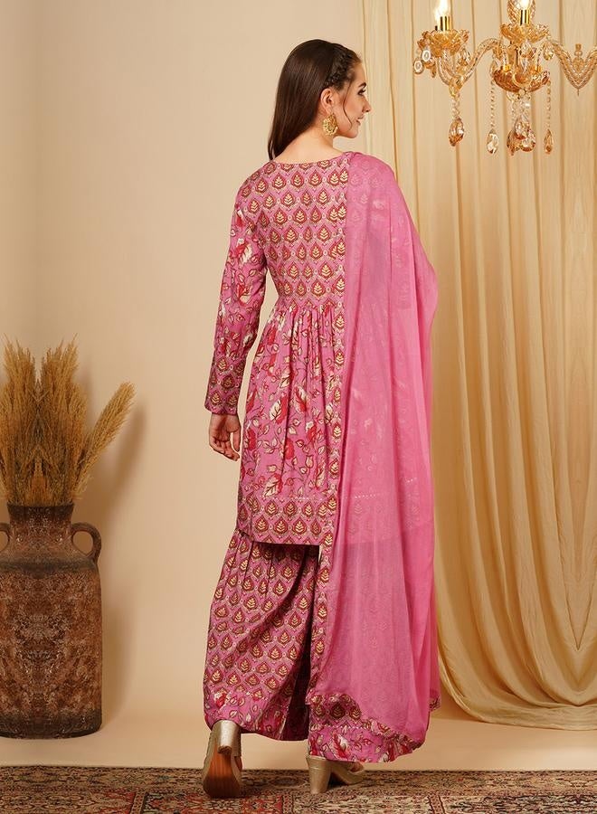 globus Globus Women Pink Allover Floral Print Alia Cut Knee Length Kurta With Sharara & Dupatta Festive Wear Set by Styli - Image 3