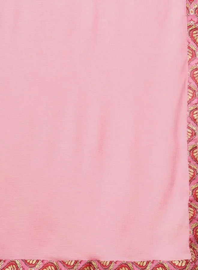 globus Globus Women Pink Allover Floral Print Alia Cut Knee Length Kurta With Sharara & Dupatta Festive Wear Set by Styli