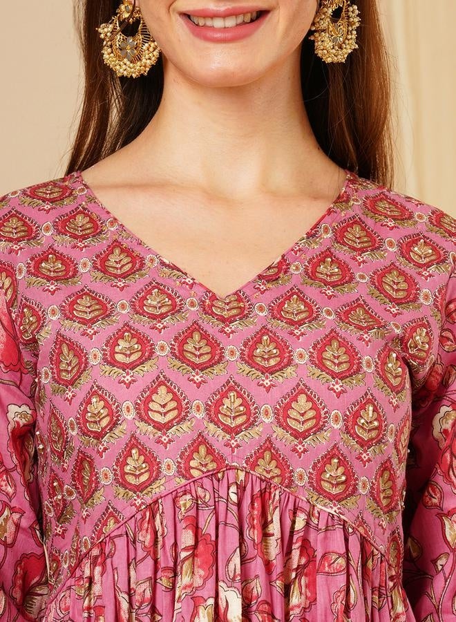 globus Globus Women Pink Allover Floral Print Alia Cut Knee Length Kurta With Sharara & Dupatta Festive Wear Set by Styli - Image 4