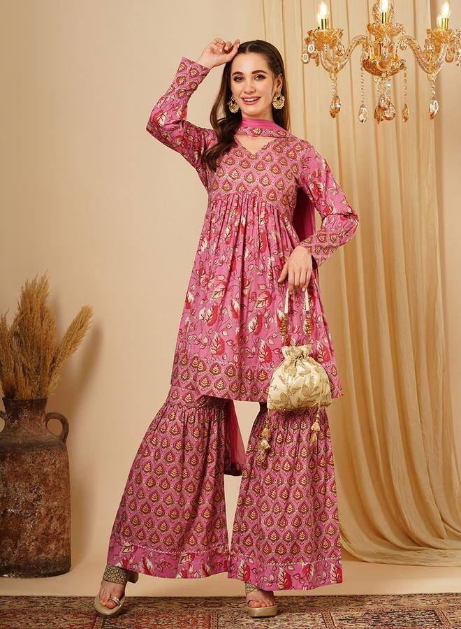 globus Globus Women Pink Allover Floral Print Alia Cut Knee Length Kurta With Sharara & Dupatta Festive Wear Set by Styli - Image 1