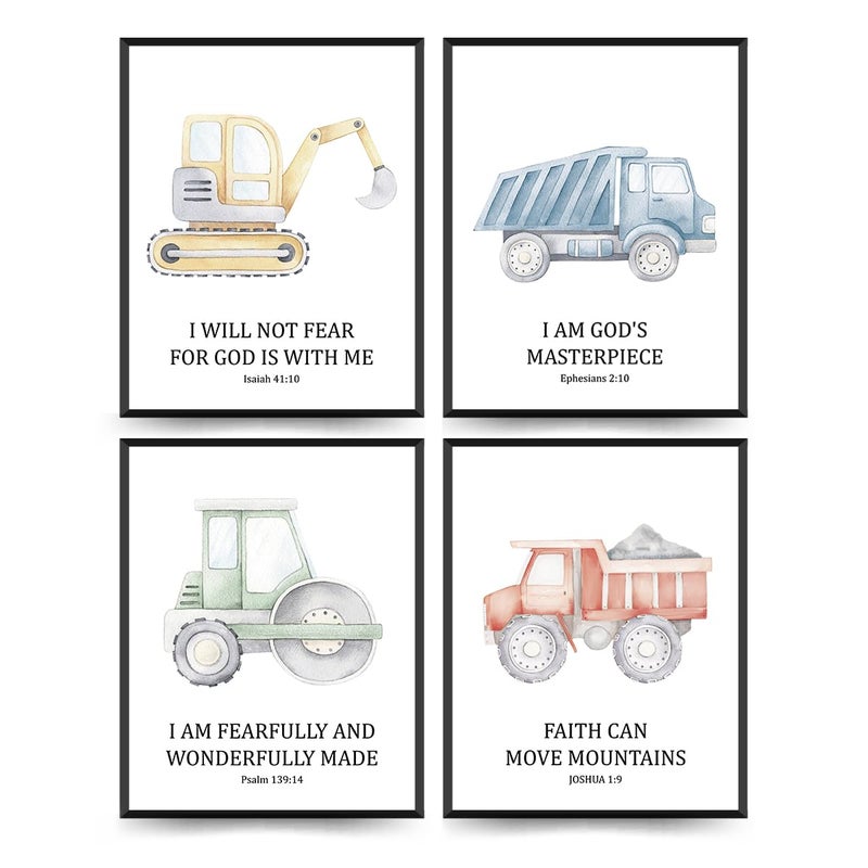 ETVISO Toddler Boy Room Decor Set of 4, Kids Wall Art Inspirational Bible Verse Wall Decor, Tool Car Poster for Baby Boys Kids Room Bedroom Playroom Nursery Decoration, 8x10 (Unframed) - Image 1