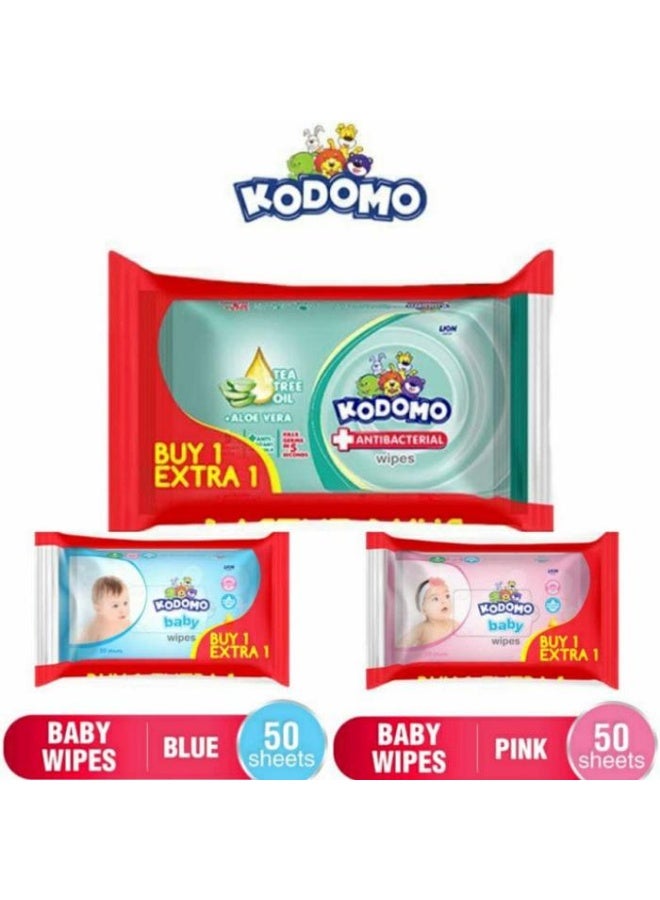 كودومو مناديل مبللة للأطفال 50 منديل 3 قطع وردي وأزرق وألوفيرا - Image 1