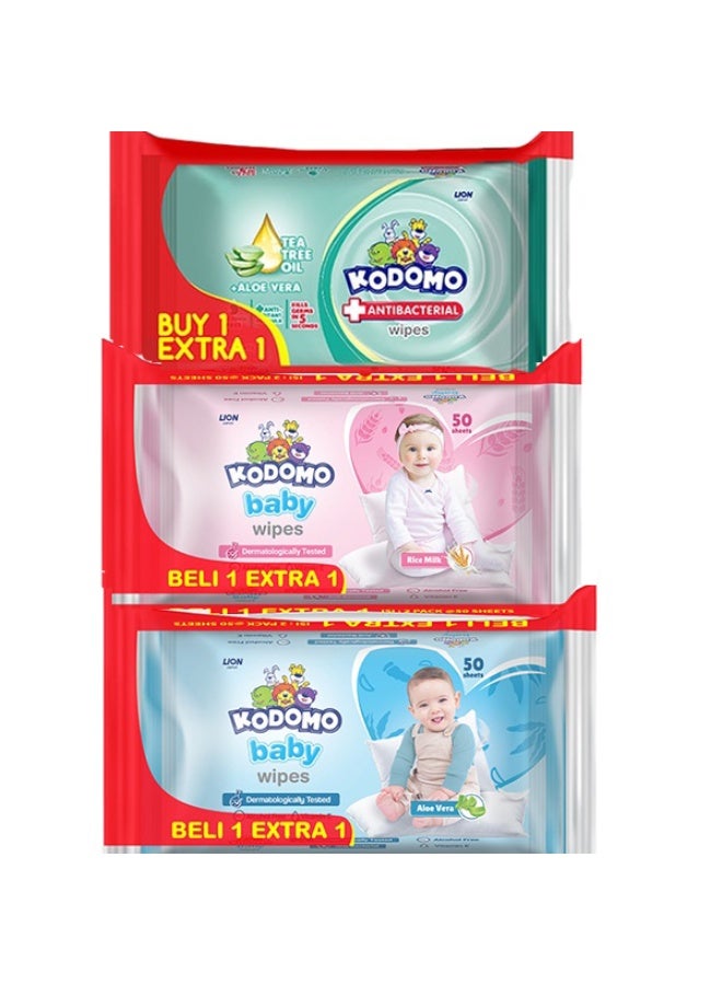 كودومو مناديل مبللة للأطفال 50 منديل 3 قطع وردي وأزرق وألوفيرا - Image 2