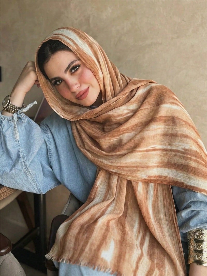 New Viscose Scarf Gradient Tie-Dye Stripe Headscarf Retro Versatile Printed Women's Pleated Shawl