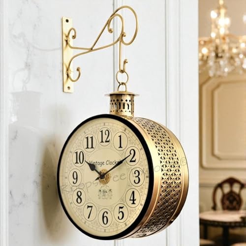 Vintage Clock Handcrafted Double Side Analog Clock With English Numbers 1 Year Warranty (12 Inches Size, Brass Finish, Totem Jali Design) - Image 1
