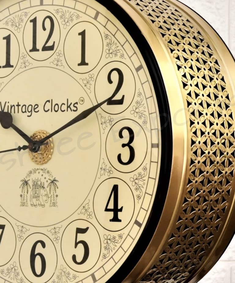 Vintage Clock Handcrafted Double Side Analog Clock With English Numbers 1 Year Warranty (12 Inches Size, Brass Finish, Totem Jali Design) - Image 3