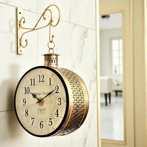 Vintage Clock Handcrafted Double Side Analog Clock With English Numbers 1 Year Warranty (12 Inches Size, Brass Finish, Totem Jali Design) - Image 5