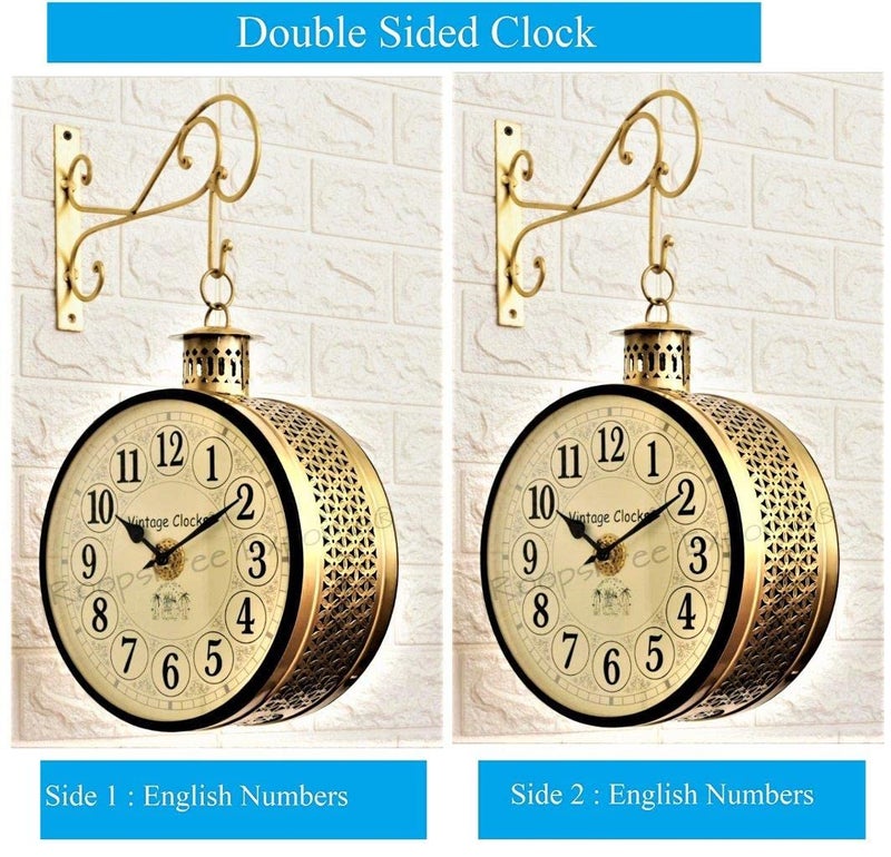 Vintage Clock Handcrafted Double Side Analog Clock With English Numbers 1 Year Warranty (12 Inches Size, Brass Finish, Totem Jali Design) - Image 2