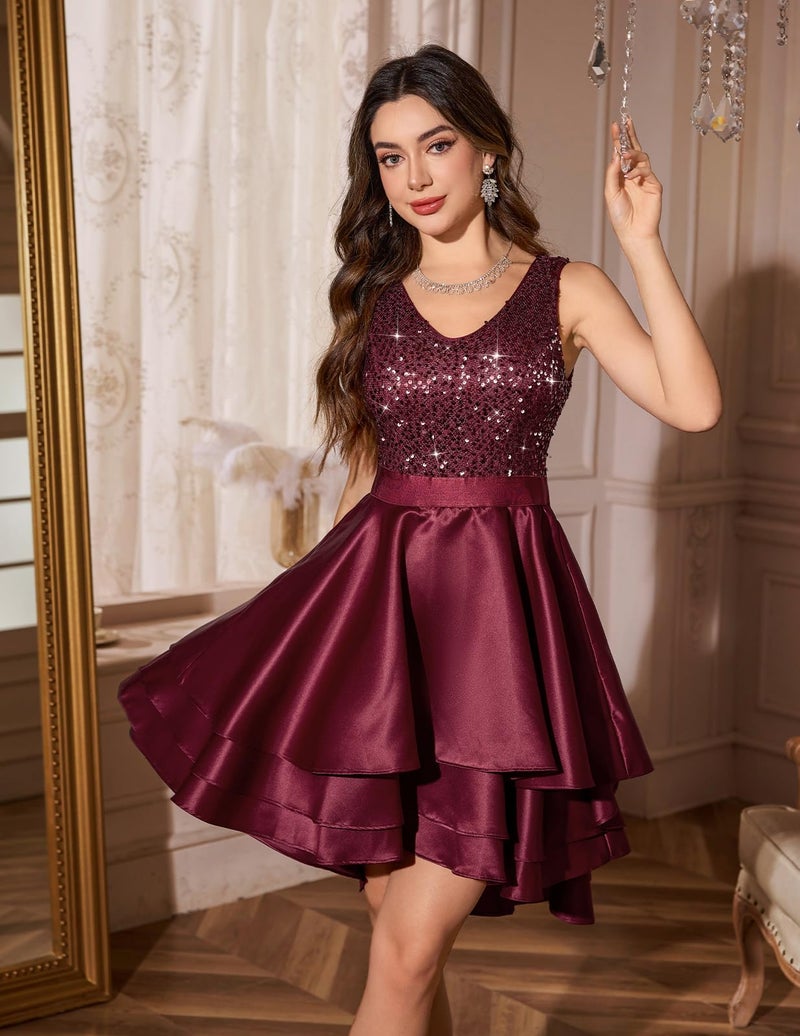 Meetjen Formal Sequin Prom Dresses for Girls Short Teen Elegant A-line Cocktail Party Bridesmaid Dress 2026 Burgundy XL - Image 2