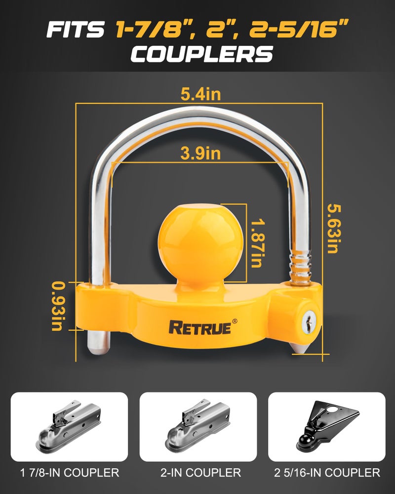 RETRUE Universal Coupler Lock Trailer Locks Ball Hitch Trailer Hitch Lock Adjustable Security Heavy-Duty Steel Fits 1-7/8 Inch, 2 Inch, 2-5/16 Inch Couplers, Yellow - Image 2