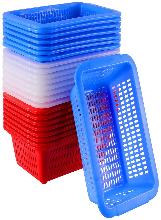 SHEUTSAN 24 Packs 9 x 6.3 x 2.8 Inches Plastic Storage Baskets, 8 each of White, Red, Blue Storage Baskets Colored Organizer Trays Plastic Holders Bins for Classroom, Office, Kitchen, Shops - Image 1